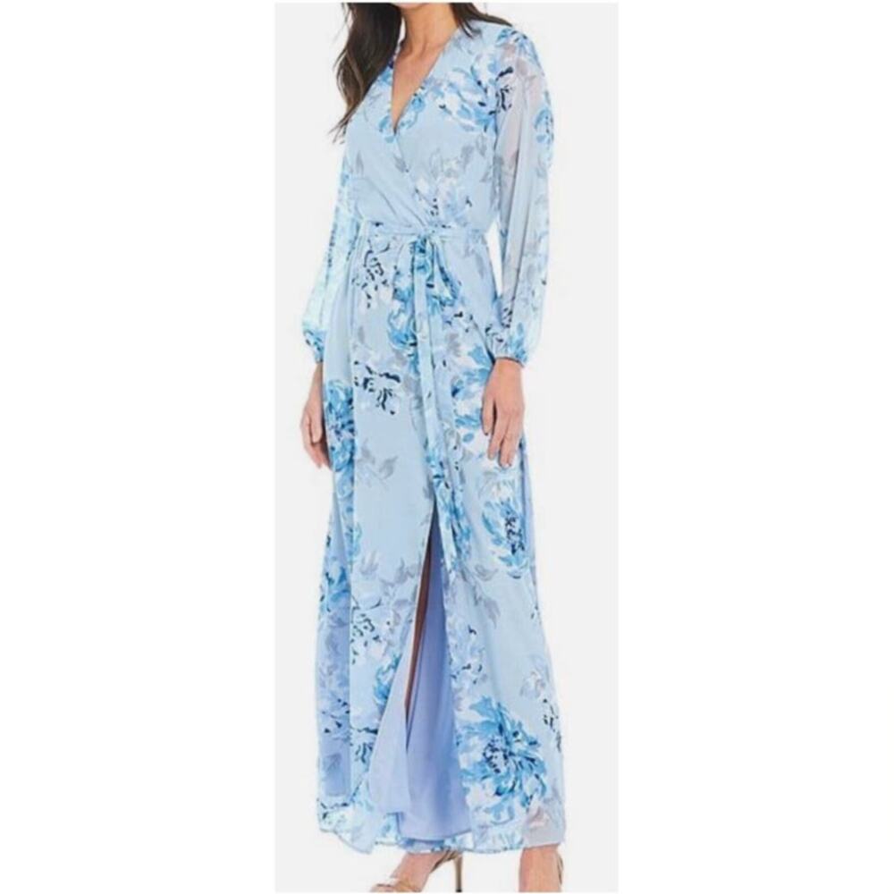 Marina Blue Floral Wrap Dress Chiffon Womens 22W Bridal Bridesmaid Elegant Prom